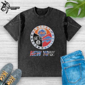 Original New York Mets Brooklyn Nets Buffalo Bills mashup logo on a washed t-shirt, perfect for sports fans.