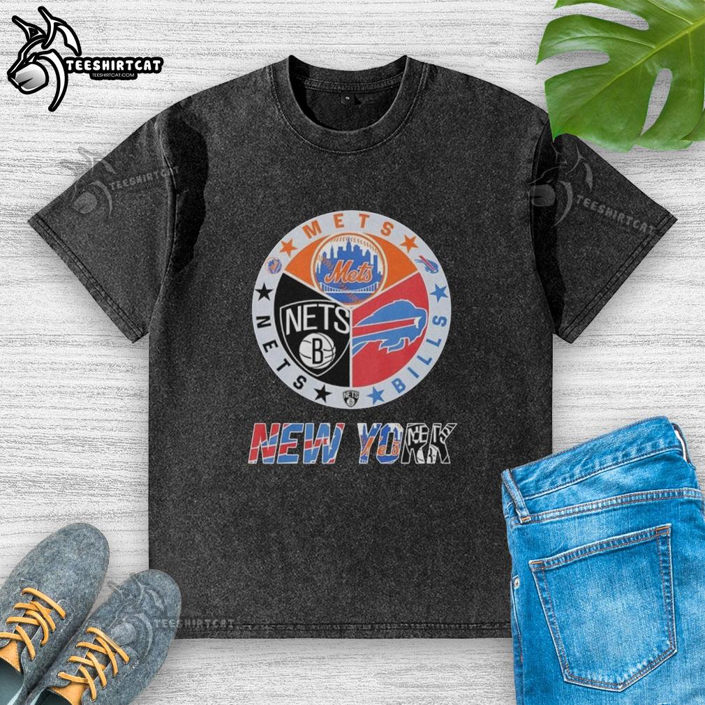 Original New York Mets Brooklyn Nets Buffalo Bills mashup logo on a washed t-shirt, perfect for sports fans.