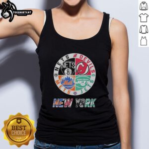 Alt Text: Mashup logo tank top featuring Original New York Mets, Jets, Brooklyn Nets, and New Jersey Devils designs.