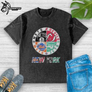 Alt Text: Original New York Mets, Jets, Brooklyn Nets, and Devils mashup logo on a washed t-shirt, perfect for sports fans.