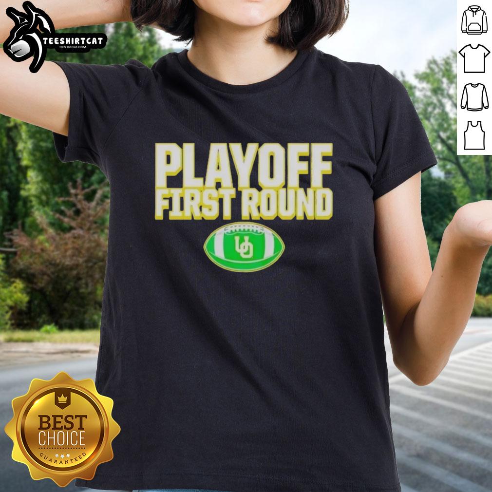 Original Oregon Ducks 2025 CFP First Round Winner Ladies Tee featuring team logo and vibrant colors for fans.