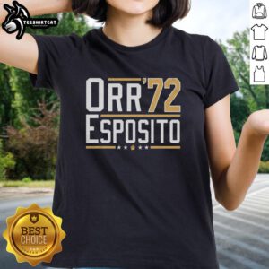 Alt Text: Original Orr Esposito 72 Bobby Orr Bruins Legends Ladies Tee featuring classic team colors and logo design.