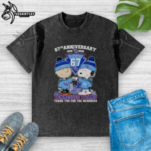 Alt Text: Original Peanuts 67th Anniversary 1959-2026 Tennessee Titans thank you for the memories washed t-shirt design.