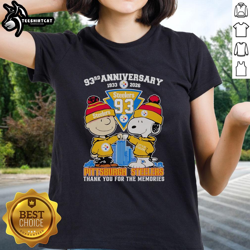 Original Peanuts 93rd Anniversary 1933-2026 Pittsburgh Steelers Ladies Tee celebrating memories with vibrant design.