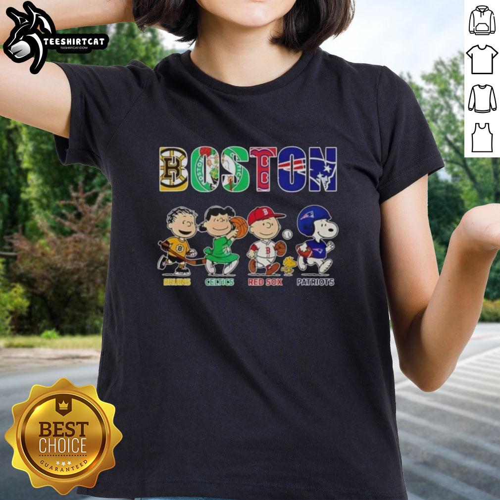 Alt Text: Original Peanuts Boston sports teams ladies tee featuring Bruins, Celtics, Red Sox, and Patriots graphics.