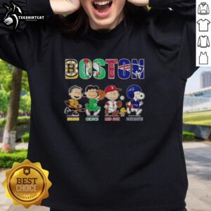 Original Peanuts Boston sports teams sweatshirt featuring Bruins, Celtics, Red Sox, and Patriots in vibrant colors.