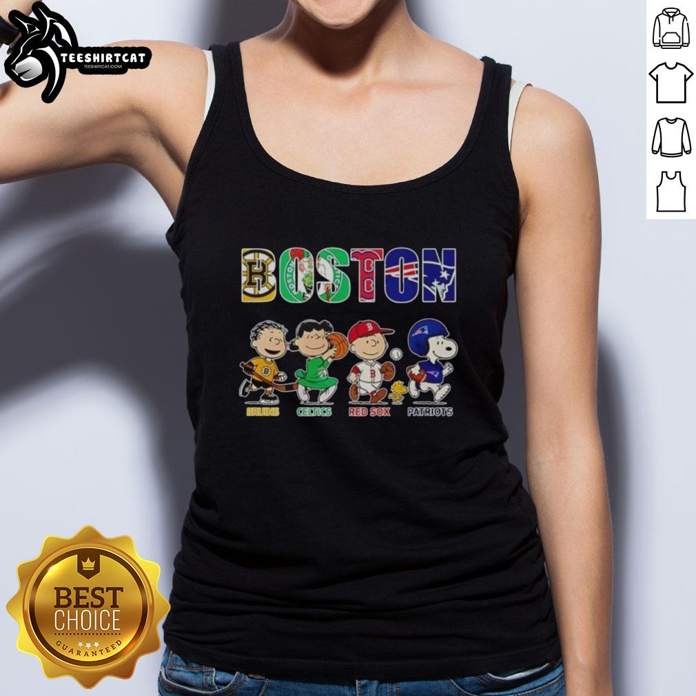 Alt Text: Original Peanuts Boston sports teams tank top featuring Bruins, Celtics, Red Sox, and Patriots logos.
