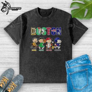 Original Peanuts Boston sports teams washed t-shirt featuring Bruins, Celtics, Red Sox, and Patriots logos.