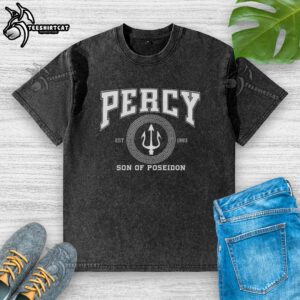 Original Percy Son of Poseidon Sea God washed t-shirt featuring a vibrant design inspired by Greek mythology.