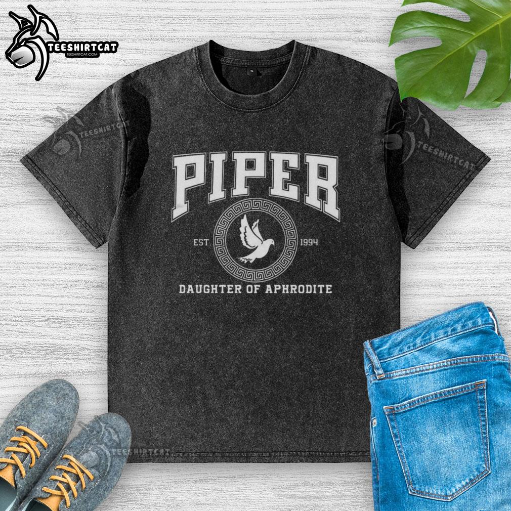 Original Piper Daughter of Aphrodite Rebel Heart washed t-shirt featuring a stylish design for fans of Greek mythology.