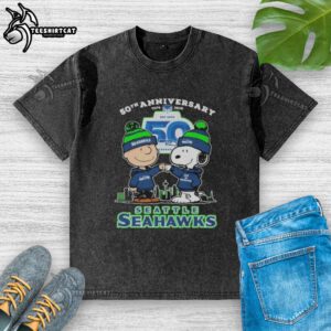Alt Text: Original Snoopy and Charlie Brown Peanuts Seattle Seahawks 50th Anniversary 1976-2025 washed t-shirt design.