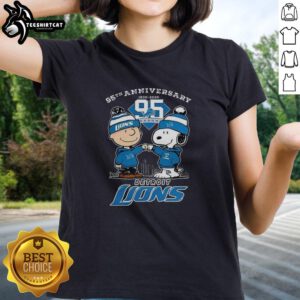 Alt Text: Premium Detroit Lions 95th Anniversary 2025 One Pride Tee featuring Charlie Brown and Snoopy for ladies.