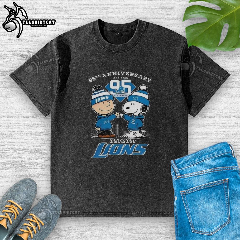 Alt Text: Premium Detroit Lions 95th Anniversary 2025 One Pride X Charlie Brown and Snoopy washed t-shirt design.
