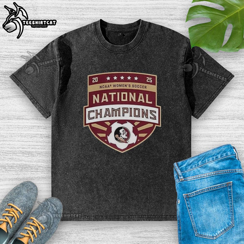 Premium FSU Soccer Women's National Champions logo on a washed t-shirt, perfect for fans and alumni.