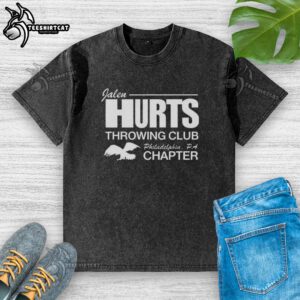 Alt Text: Premium Jalen Hurts throwing in Philadelphia Eagles Chapter washed t-shirt, perfect for fans and casual wear.