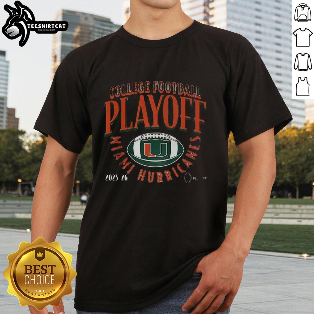 Premium Miami Hurricanes 2025 2026 CFP Curve Logo T-Shirt showcasing team spirit and style for fans.