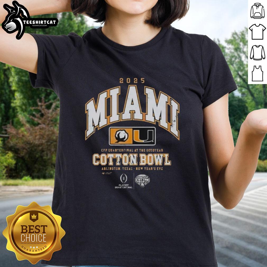 Premium Miami Hurricanes CFP Quarterfinal 2025 Cotton Bowl ladies tee, showcasing team spirit and stylish design.