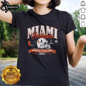 Premium Miami Hurricanes College Football Playoff 2025 Cotton Bowl ladies tee, showcasing team colors and logo.