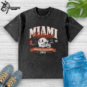 Premium Miami Hurricanes College Football Playoff 2025 Cotton Bowl washed t-shirt in vibrant orange and green colors.