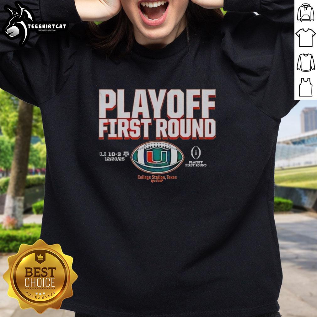 Premium Miami Hurricanes Football 2025 CFP Playoff First Round Winner Sweatshirt, featuring team logo and vibrant colors.