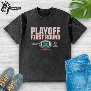 Premium Miami Hurricanes Football 2025 CFP Playoff First Round Winner washed t-shirt in vibrant team colors.