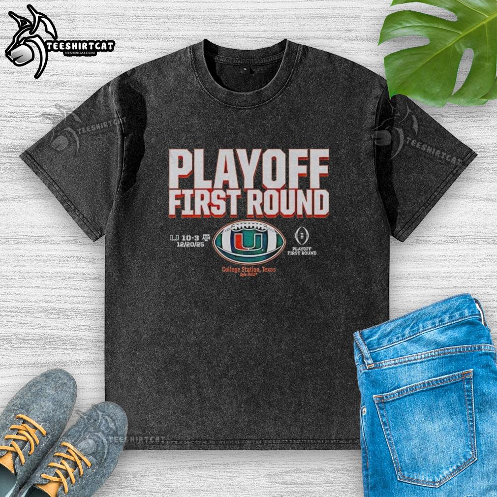 Premium Miami Hurricanes Football 2025 CFP Playoff First Round Winner washed t-shirt in vibrant team colors.