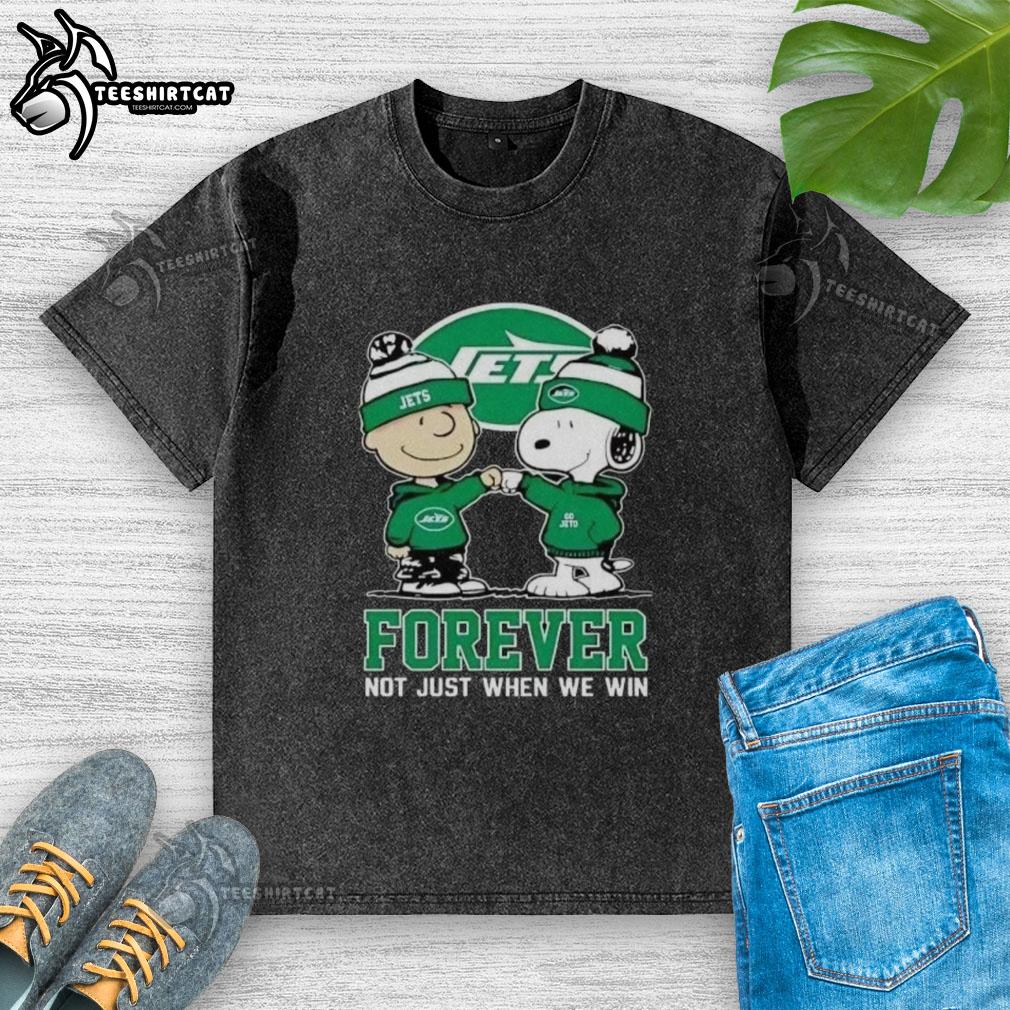 Premium New York Jets Charlie Brown and Snoopy Forever T-Shirt - fun design for true Jets fans, perfect for any game day.