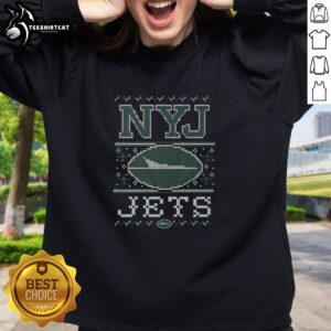 Premium New York Jets holiday sweatshirt, featuring team colors and logo, perfect for festive game day spirit.
