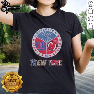 Premium New York Yankees, Giants, and Devils mashup logo on a ladies tee, perfect for sports fans and stylish wear.