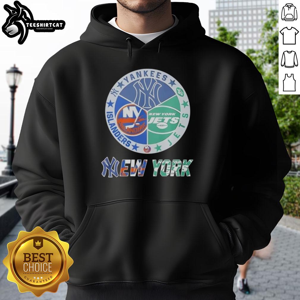 Alt Text: Premium New York Yankees, Islanders, Jets, and Knicks mashup logo hoodie featuring vibrant team colors and stylish design.
