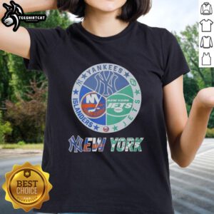 Alt Text: Premium New York Yankees, Islanders, Jets, and Knicks mashup logo on a stylish ladies tee for sports fans.