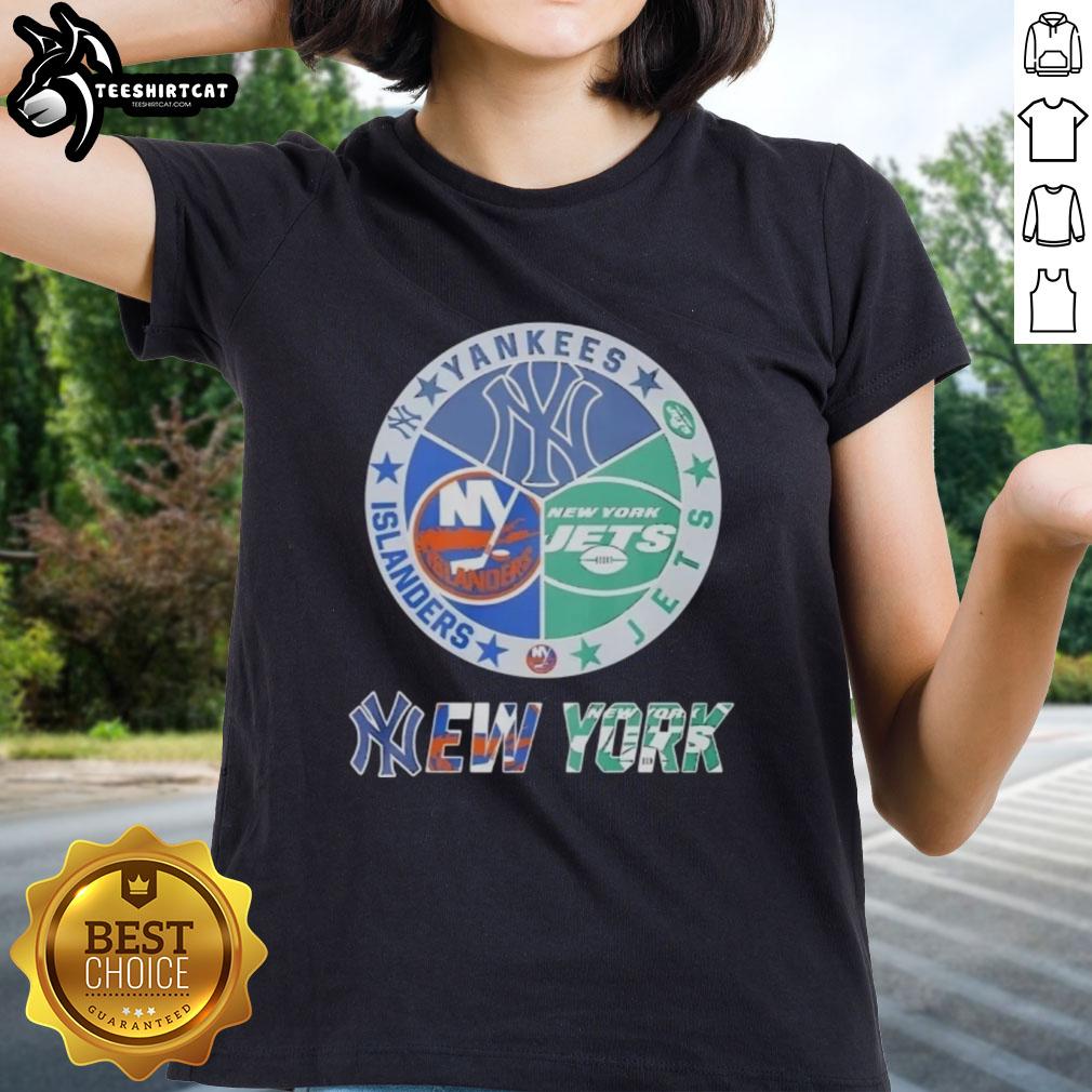 Alt Text: Premium New York Yankees, Islanders, Jets, and Knicks mashup logo on a stylish ladies tee for sports fans.
