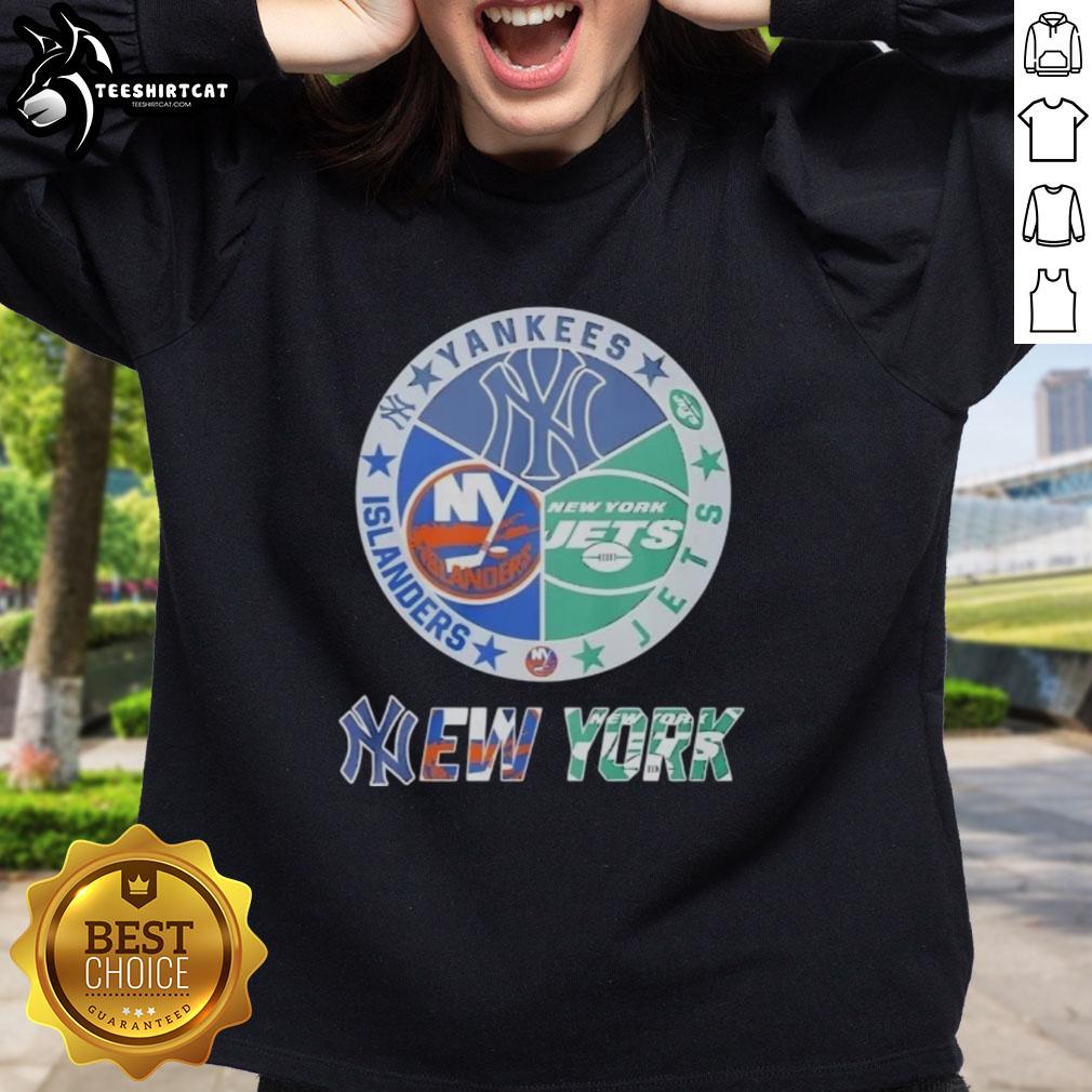 Alt Text: Premium New York Yankees, Islanders, Jets, and Knicks mashup logo sweatshirt showcasing iconic NYC sports teams.