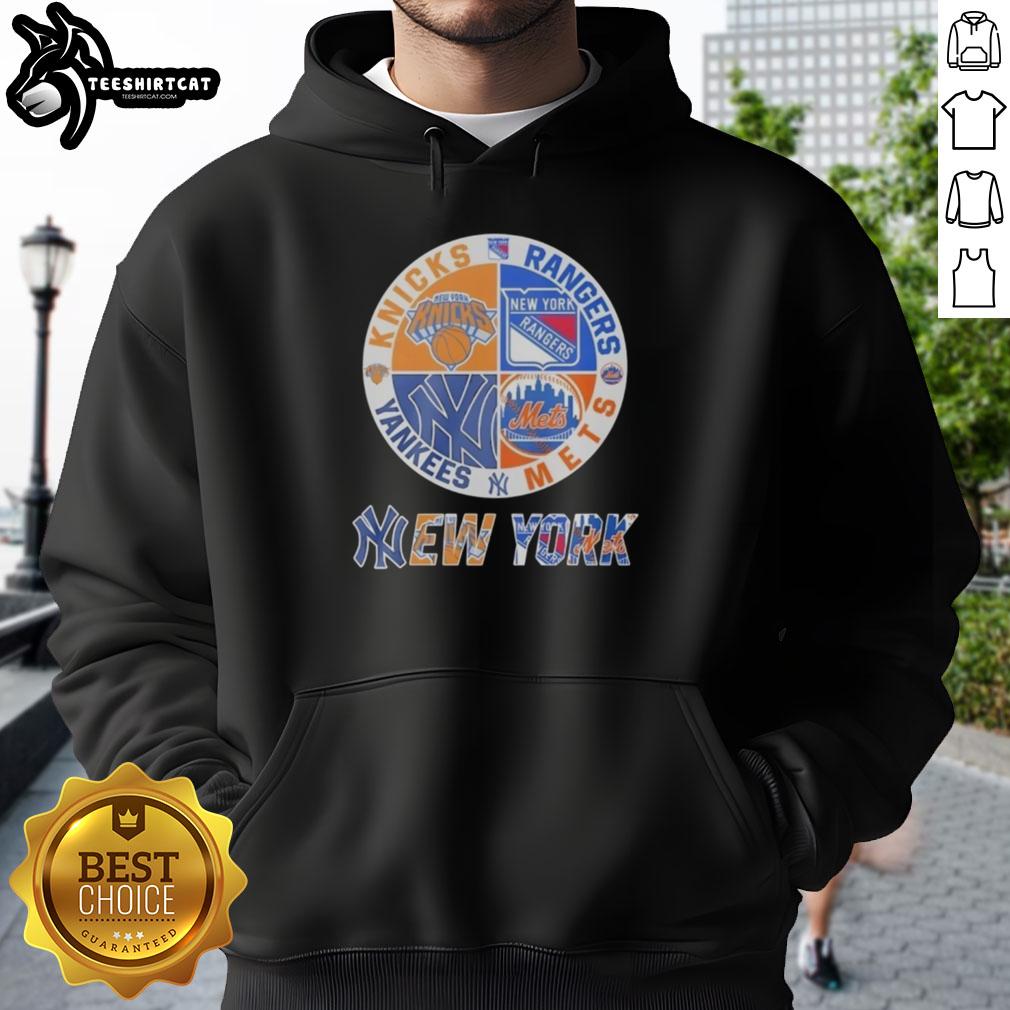 Alt Text: Premium New York Yankees, Knicks, Rangers, Mets mashup logo hoodie featuring iconic team logos and vibrant colors.
