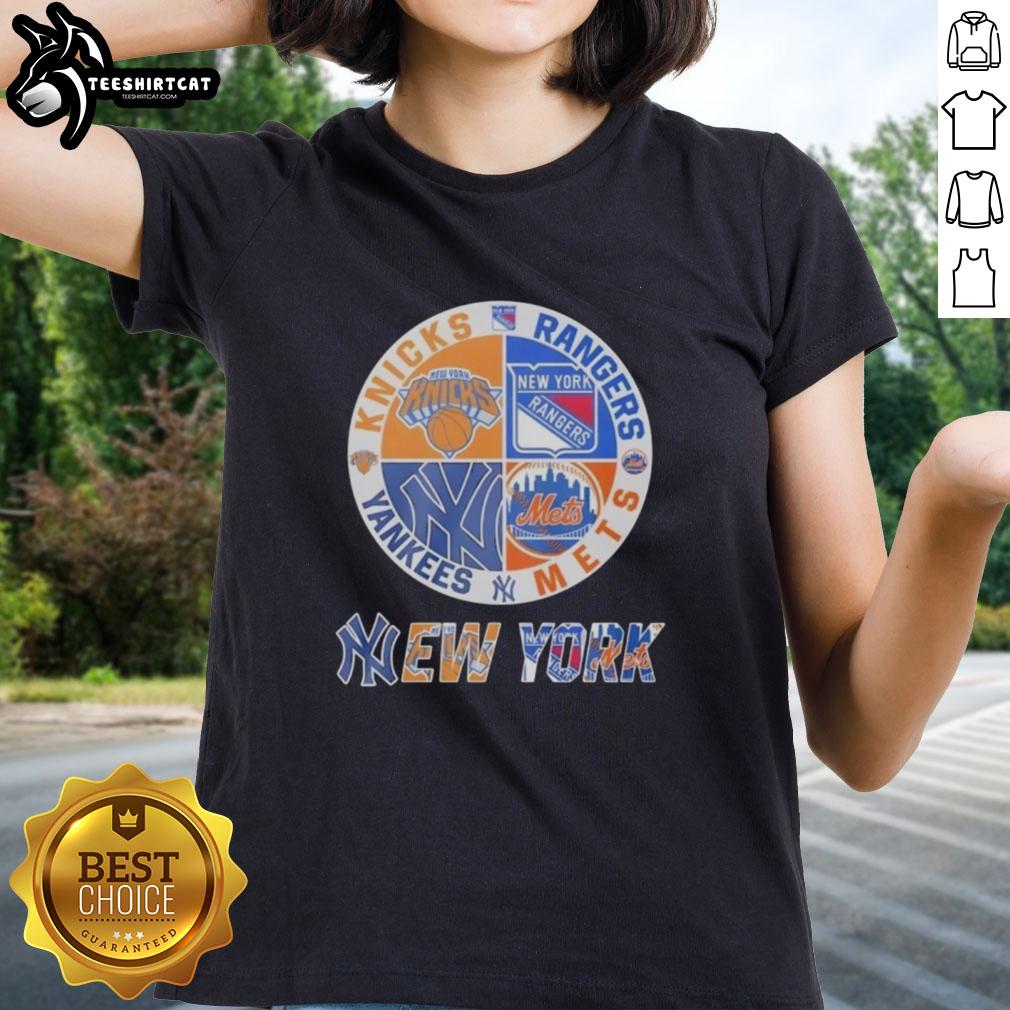 Premium New York Yankees, Knicks, Rangers, and Mets mashup logo on a stylish ladies tee shirt.