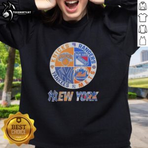 Alt Text: Premium New York Yankees, Knicks, Rangers, Mets mashup logo sweatshirt featuring iconic team designs.