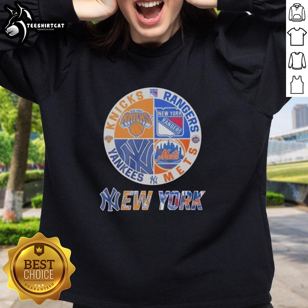 Alt Text: Premium New York Yankees, Knicks, Rangers, Mets mashup logo sweatshirt featuring iconic team designs.