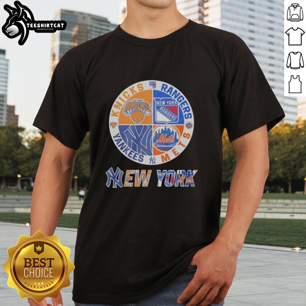 Premium New York Yankees, Knicks, Rangers & Mets mashup logo T-shirt showcasing iconic NYC sports teams in stylish design.