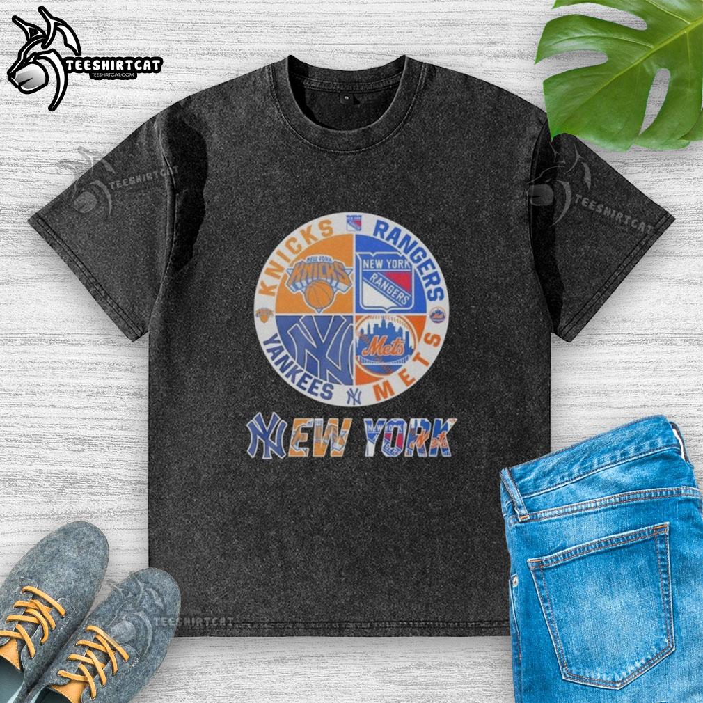 Alt Text: Premium New York Yankees, Knicks, Rangers, Mets mashup logo on a washed t-shirt, perfect for NYC sports fans.