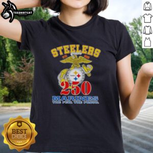 Premium Pittsburgh Steelers X U.S.M.C 250th Birthday Celebration Ladies Tee featuring vibrant team colors and logo design.