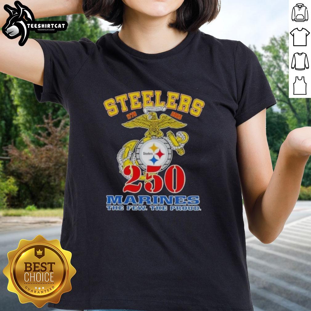 Premium Pittsburgh Steelers X U.S.M.C 250th Birthday Celebration Ladies Tee featuring vibrant team colors and logo design.