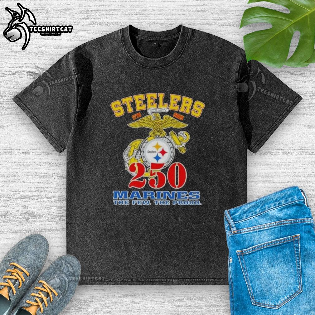 Premium Pittsburgh Steelers X U.S.M.C 250th Birthday Celebration washed t-shirt featuring vibrant team graphics.