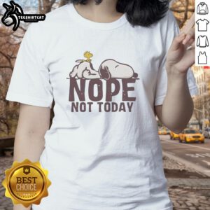 Premium Snoopy Sleep and Woodstock mood ladies tee featuring a fun graphic of Snoopy and Woodstock in a 'Nope' mood.