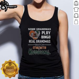 Premium tank top featuring grandmas playing bingo while watching Miami Hurricanes, perfect for fans and grandmas alike.