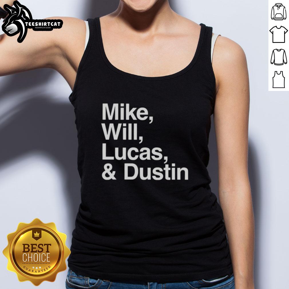 Alt Text: Premium Stranger Things tank top featuring Mike, Will, Lucas, and Dustin for fans of the hit series.
