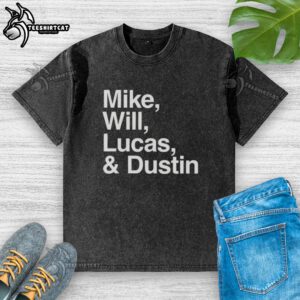 Premium washed t-shirt featuring Mike, Will, Lucas, and Dustin from Stranger Things for party wear.