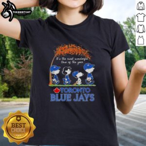 Premium Toronto Blue Jays X Peanuts Snoopy tee for ladies, celebrating autumn and the joy of the season.