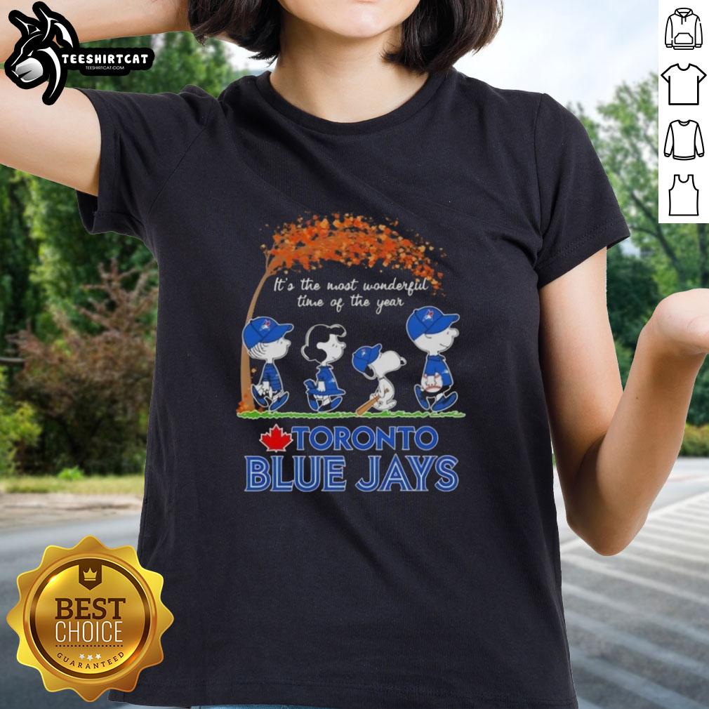 Premium Toronto Blue Jays X Peanuts Snoopy tee for ladies, celebrating autumn and the joy of the season.