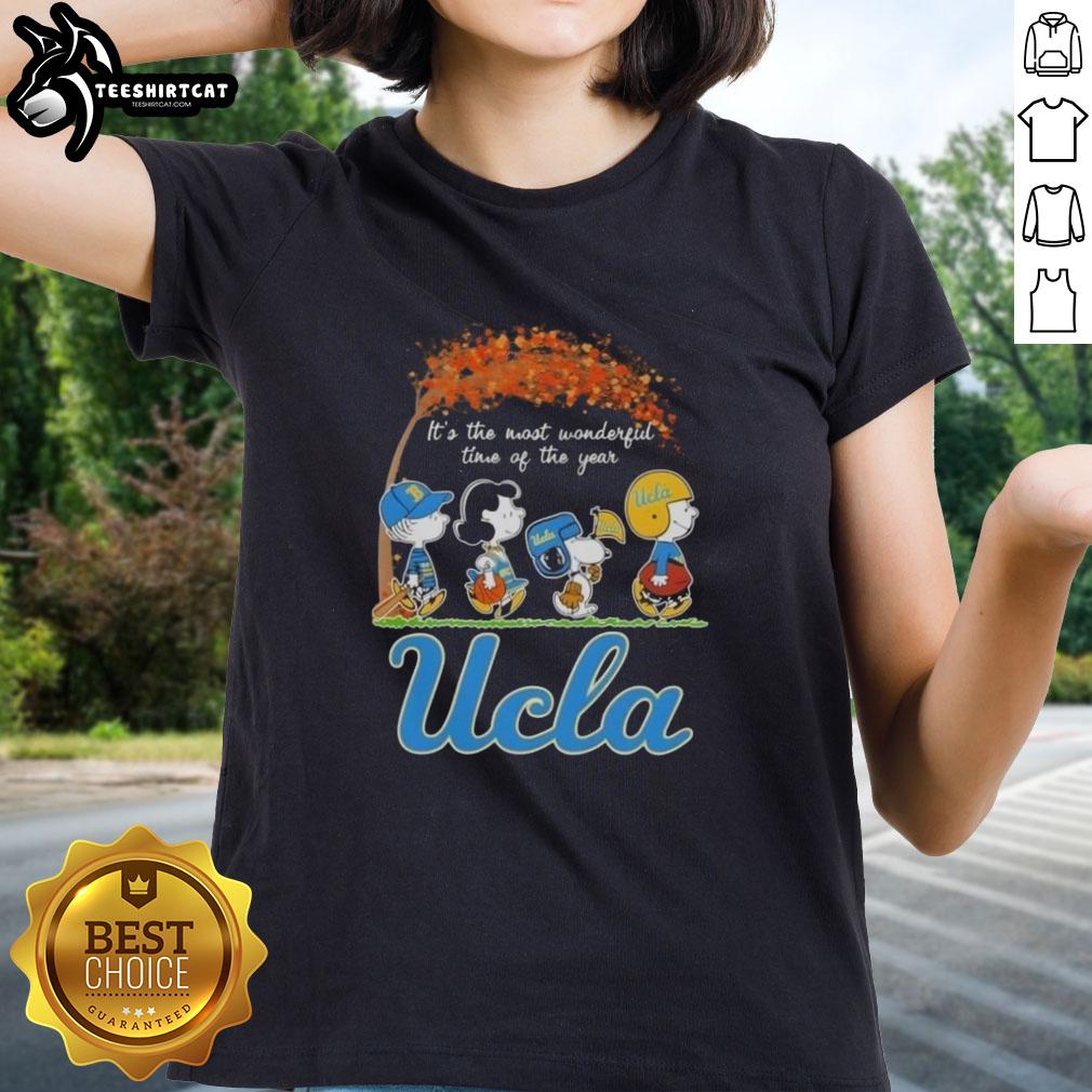 Premium UCLA Bruins x Peanuts Snoopy and Friends autumn ladies tee celebrating 'It's the Most Wonderful Time of the Year'.