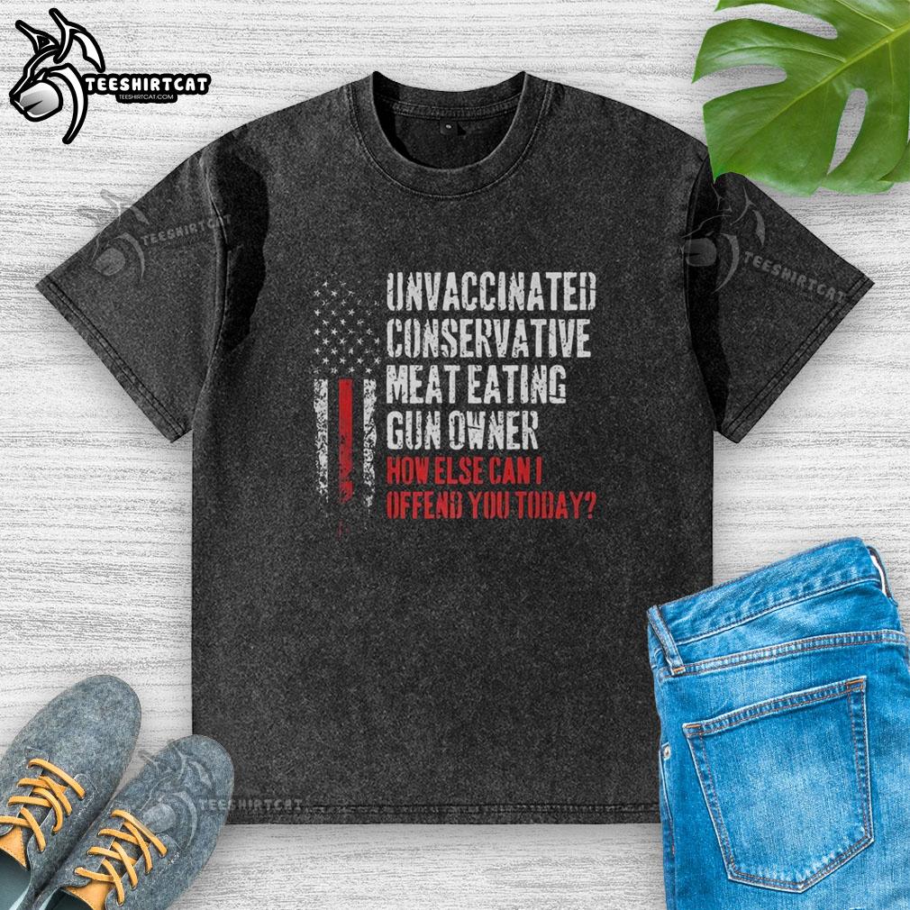 Alt Text: Premium unvaccinated conservative meat-eating gun owner t-shirt with a flag design, perfect for making a bold statement.